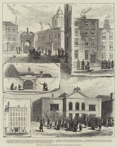 Murhasalaliittoon liittyviä luonnoksia Dublinissa (kaiverrus) tekijältä English School