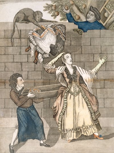 Slight of Hand by a Monkey or the Ladys Head Unloaded, Grimmin alkuperäisestä piirroksesta, painettu Carington Bowlesille, Lontoolle, pubille. 1778 tekijältä English School
