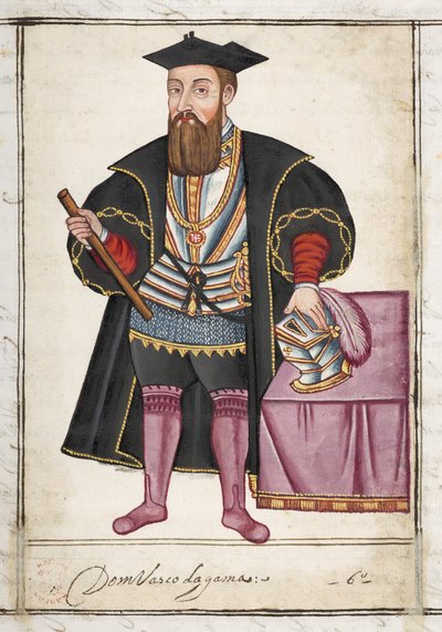 Sloane MS 197 f.18r Vasco da Gama, julkaisusta "Kartat ja suunnitelmat: Portugalin ja muiden Etelä-Afrikan ja Itä-Intian linnoitusten suunnitelmat..." tekijältä English School