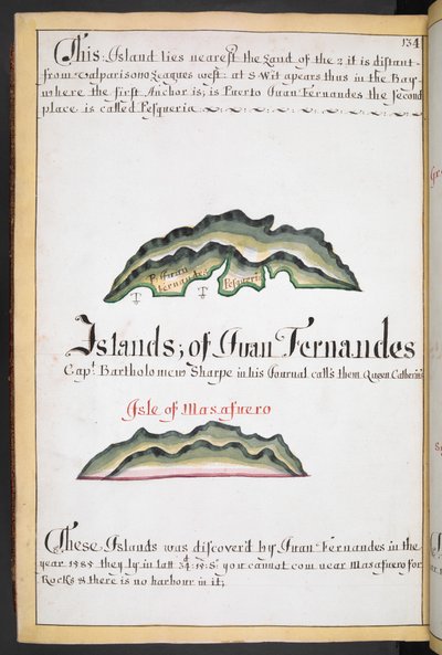 Sloane MS 44, f.269v, Juan Fernándezin kartta William Hackin South Sea Wagonerissa tekijältä English School