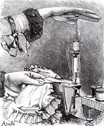 Pieni lukkoompelukone, kahdeksan tuumaa pitkä, painaa 8 unssia, Cassells Family Magazine, julkaistu 1886 tekijältä English School
