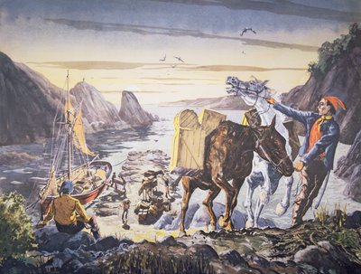 Salakuljettajat lastaamassa salakuljetusta poneilleen sisämaamatkaa varten (litho) tekijältä English School