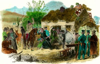 Irlannin sosiaaliset olosuhteet vuonna 1848, talonpoikien karkottaminen (kuva Lontoon uutiset 16. joulukuuta 1848) tekijältä English School