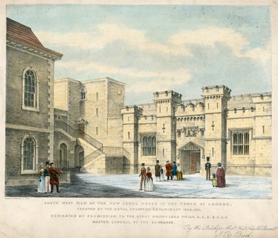 Lounaisnäkymä New Jewel Housesta Lontoon Towerissa, pystytettiin 1840-41 tekijältä English School