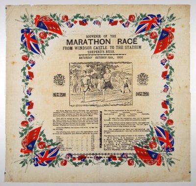 Matkamuisto Marathon Racesta Windsorin linnasta stadionille, Shepherds Bush, 1908 tekijältä English School