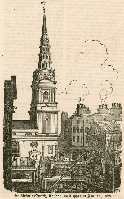 St Brides Church, Fleet Street, Lontoo, sellaisena kuin se ilmestyi 11. tammikuuta 1825 tekijältä English School