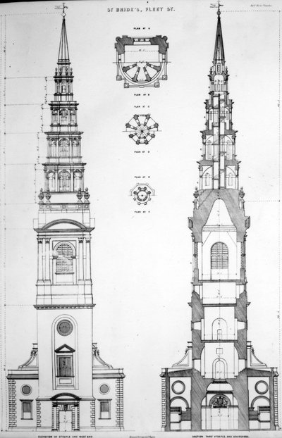 St. Brides, Fleet Street, Elevation of the West End, 18th Century tekijältä English School