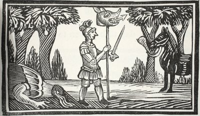 St George lohikäärmeiden pään kanssa, kuvitus John Ashtonin kirjasta Chap-books of the Eightenth Century, pubi. 1882 tekijältä English School
