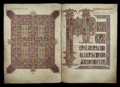 Johanneksen evankeliumi; mattosivu ja incipit-sivu, Cotton Nero D. IV, f.210v ja f.211r, Lindisfarnen evankeliumit, 710-721 (pergamentti). tekijältä English School