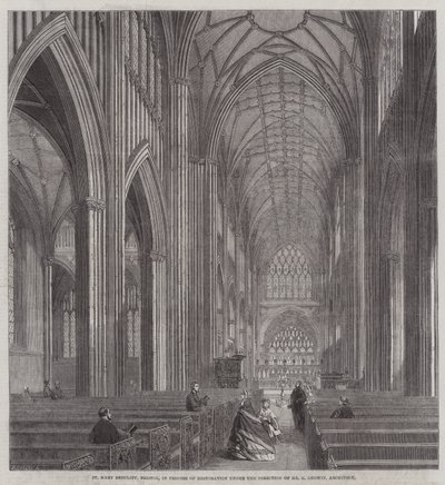 St Mary Redcliffe, Bristol, restaurointiprosessissa arkkitehti G Godwinin johdolla (kaiverrus) tekijältä English School