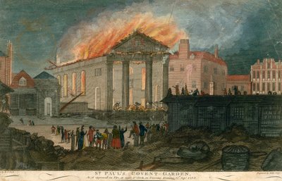 St Pauls Church, Covent Garden, Lontoo, sellaisena kuin se syttyi tuleen kello 8 illalla 17. syyskuuta 1795 tekijältä English School