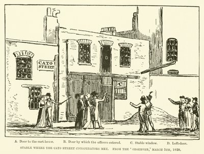 Talli, jossa Cato Streetin salaliittolaiset tapasivat, Observerilta, 5. maaliskuuta 1820 (kaiverrus) tekijältä English School