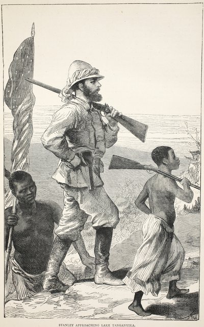 Stanley lähestyy Tanganyika-järveä, kuvitus J. Ewing Richien David Livingstonen elämän ja löytöjen kuvapainoksesta, pub. kirjoittanut A. Fullarton & Co., 1876 tekijältä English School