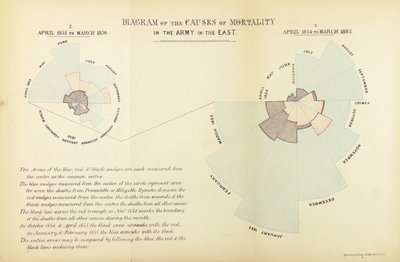 Florence Nightingalen keksimä tilastokaavio osoittaakseen sairauksien vallitsevan kuolleisuuden syynä brittiarmeijassa Krimin sodan aikana, huhtikuusta 1854 maaliskuuhun 1855 ja huhtikuusta 1855 äitiin. tekijältä English School