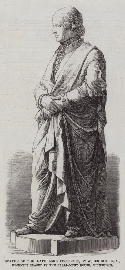 Edesmenneen Lord Cockburnin patsas, W Brodien, RSA, äskettäin sijoitettu Edinburghin parlamenttitaloon (kaiverrus) tekijältä English School