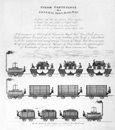 Höyrykuljetus yleisellä rautaradalla, 1825 (kaiverrus) tekijältä English School