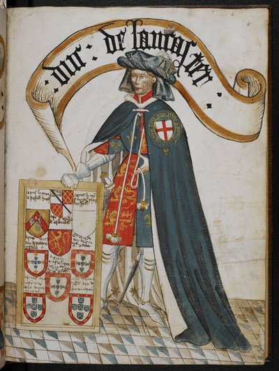 Stowe 594 f.8, Henryn muotokuva, Lancasterin herttua, sukkanauharitarikunnan perustaja, kuvitus "William Bruges