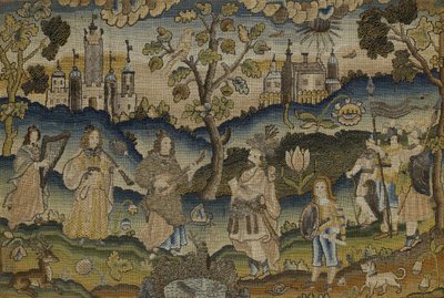 Kantotyö, jossa on viiden muusikon kohtaus puutarhassa puun kanssa, 1600-luvun puoliväli (kangas) tekijältä English School