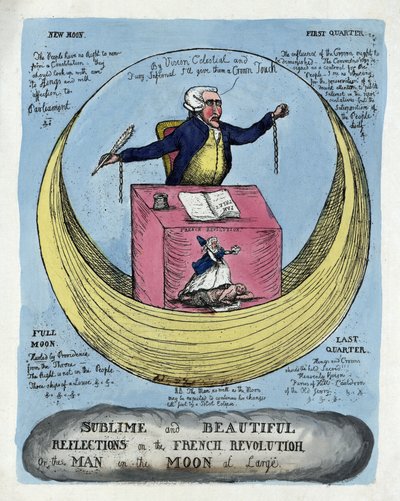 Yleviä ja kauniita pohdintoja Ranskan vallankumouksesta tai Mies kuussa suuressa pubissa. 1790 (käsinvärinen kaiverrus) tekijältä English School