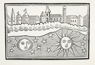 Aurinko, kuu, tähdet ja maa siirrettynä, kuvitus John Ashtonin kirjasta Chap-books of the Eightenth Century, pub. 1882 tekijältä English School