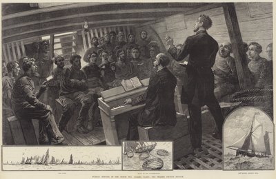 Sunnuntaipalvelus Pohjanmeren kalastuslaivastossa, Thames Church Mission (kaiverrus) tekijältä English School