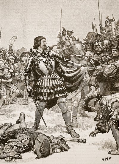 Franciscuksen antautuminen Pavian taistelukentällä, kuvitus Cassells Illustrated History of Englandista (seepiakuva) tekijältä English School