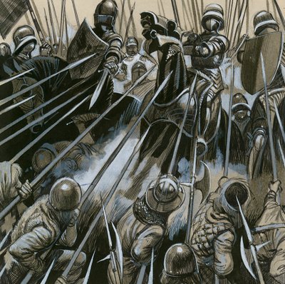 Sveitsiläiset sotilaat voittivat Burgundin armeijan vuosina 1476-77 tekijältä English School