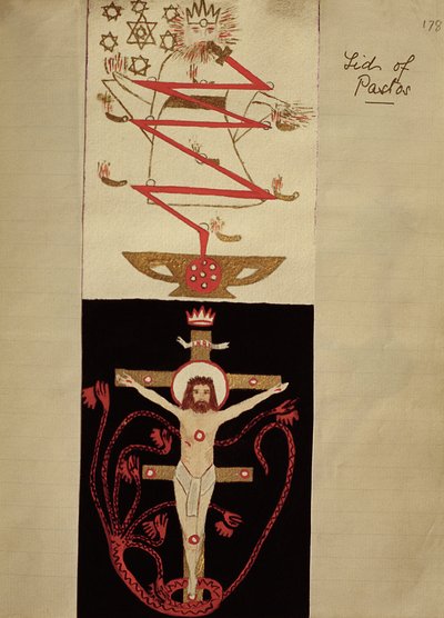 Symbolisia kuvioita Adepttien holvin Pastos-kannen kannessa, n. 1895 (värillinen muste paperille) tekijältä English School