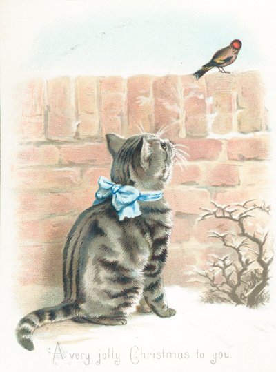 Tabby Cat katselee peippo seinällä, joulukortti tekijältä English School