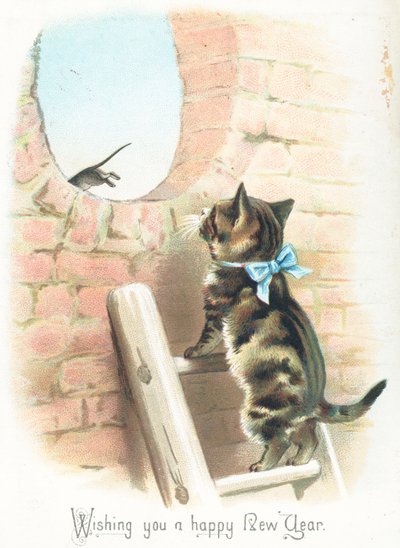 Tabby Cat katselemassa hiirtä juoksee karkuun, uudenvuodenkortti tekijältä English School
