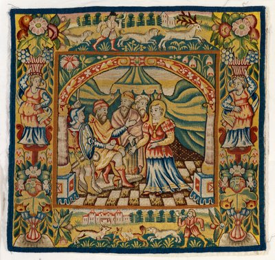 Tapestry tyynynpäällinen, joka kuvaa Susannah ennen tuomaria (yksi kuudesta Sheldon Tapestries -sarjasta, koostuen 47,9-47,14), valmistettu Sheldonissa, Englannissa, jos se on aito tekijältä English School