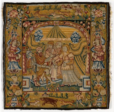 Tapettityynynpäällinen, joka kuvaa Susannah ennen tuomaria, valmistettu Sheldonissa, Englannissa, vuoden 1600 jälkeen (villa) tekijältä English School