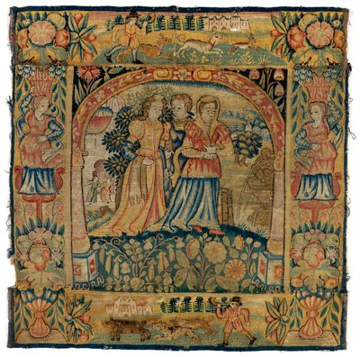 Kuvakudostyynynpäällinen, joka kuvaa Susannan matkalla kylpyyn, valmistettu Sheldonissa, Englannissa, vuoden 1600 jälkeen (villa) tekijältä English School