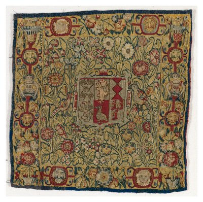 Tapettityynynpäällinen, joka kuvaa Arms of Sacheverelliä, valmistettu Sheldonissa, Englannissa, vuoden 1600 jälkeen (villaa ja silkkiä) tekijältä English School