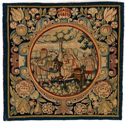 Tapahtunut tyynynpäällinen, joka kuvaa lentoa Egyptiin, valmistettu mahdollisesti Sheldonissa, Englannissa, 1600-luvun alussa (villa) tekijältä English School