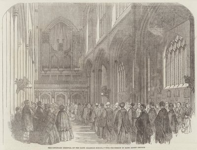 Bath Grammar-Schoolin 300-vuotisjuhla, kulkue Bath Abbey -kirkossa (kaiverrus) tekijältä English School
