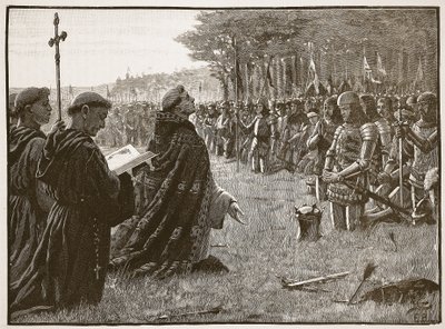 Englannin armeijan kiitospäivä Agincourtin taistelun jälkeen, 25. lokakuuta 1415, kuva Cassells Illustrated History of Englandista (seepiakuva) tekijältä English School