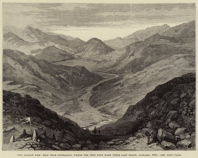 Afganistanin sota, Hill lähellä Gundamukia, jossa 44. jalka seisoi viimeisen kerran tammikuussa 1842 (kaiverrus) tekijältä English School