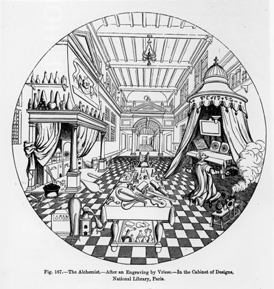 Alkemisti, Vriesen kaiverruksen jälkeen, kuvitus tieteestä ja kirjallisuudesta keskiajalla ja renessanssilla, kirjoittanut ja kaivertanut Paul Lacroix, 1878 tekijältä English School