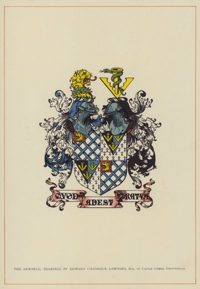 Edward Chaddock Lowndes, Esquire of Castle Combe, Chippenham (värilitografia), vaakunalaakerit. tekijältä English School