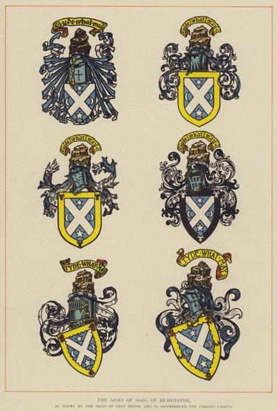 Haig of Bemersyden käsivarret, talon päällikön kantamana ja erilaisten kadettien välillä (väri litho) tekijältä English School