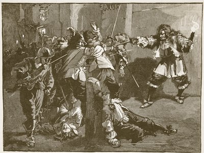 John Coventryn hyökkäys, kuvitus Cassells Illustrated History of Englandista (seepiakuva) tekijältä English School