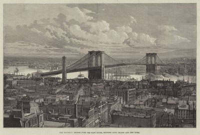 Brooklynin silta East Riverin yli, Long Islandin ja New Yorkin välillä (kaiverrus) tekijältä English School