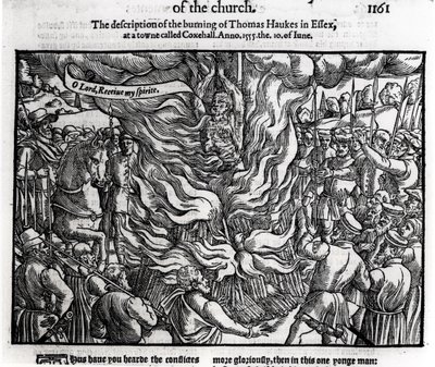 Thomas Haukesin polttaminen, 10. kesäkuuta 1555, John Foxen (1516-87) teoksesta "Teot ja monumentit" 1563 tekijältä English School