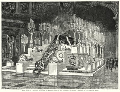 Katafalkki, joka pystytettiin Hänen Majesteettinsa kuningas Victor Emmanuelin hautajaisia varten, Pantheonissa, Roomassa (kaiverrus) tekijältä English School