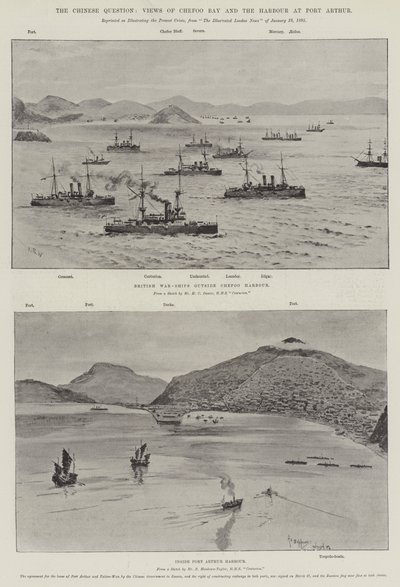 Kiinalainen kysymys, näkymät Chefoon lahdelle ja satamaan Port Arthurissa (litho) tekijältä English School