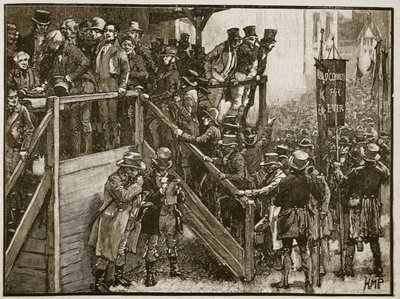 Clare Contest: Isä Murphy johdattelee vuokralaisiaan äänestykseen, kuvitus Cassells Illustrated History of Englandista (seepiakuva) tekijältä English School