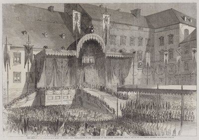 Preussin kuninkaan ja kuningattaren kruunaus, julistus Schlossin pihalla, Königsberg (kaiverrus) tekijältä English School