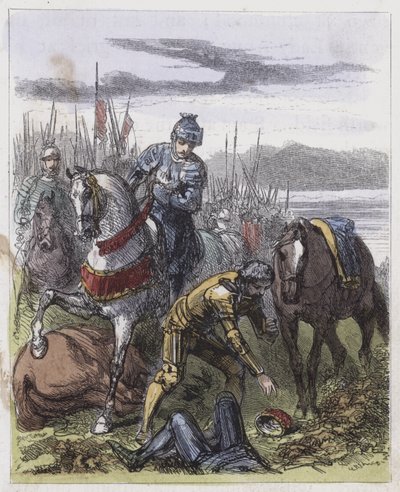 Richard III:n kruunu, löydetty Bosworth Fieldistä (värillinen kaiverrus) tekijältä English School