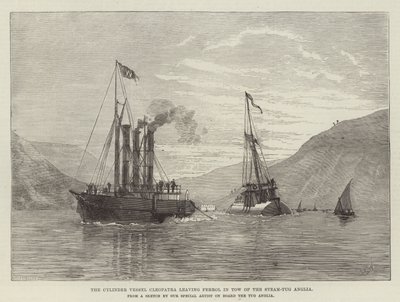 Sylinterialus Cleopatra lähtee Ferrolista Steam-Tug Anglian perässä (kaiverrus) tekijältä English School